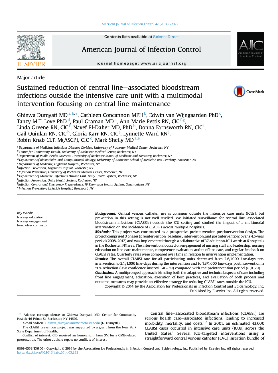 Sustained reduction of central line–associated bloodstream infections outside the intensive care unit with a multimodal intervention focusing on central line maintenance 