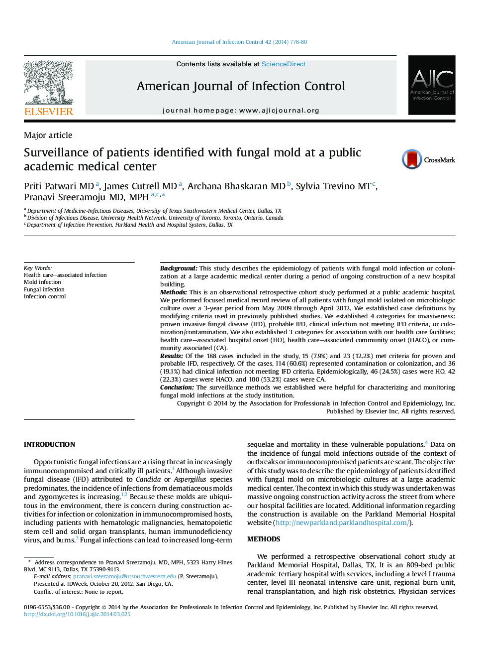 Surveillance of patients identified with fungal mold at a public academic medical center 