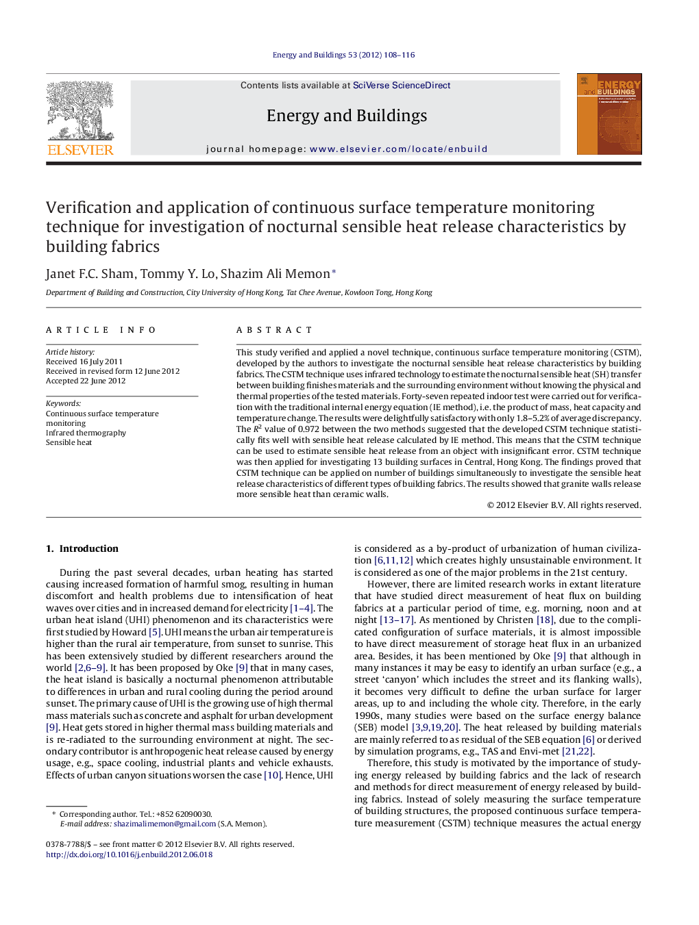 Verification and application of continuous surface temperature monitoring technique for investigation of nocturnal sensible heat release characteristics by building fabrics