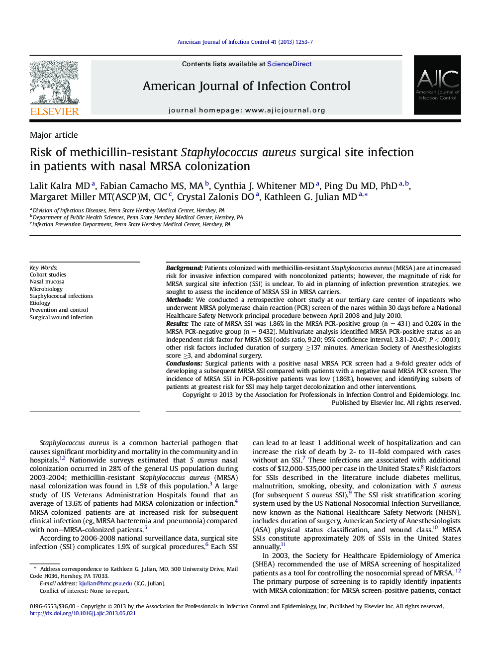 Risk of methicillin-resistant Staphylococcus aureus surgical site infection in patients with nasal MRSA colonization 