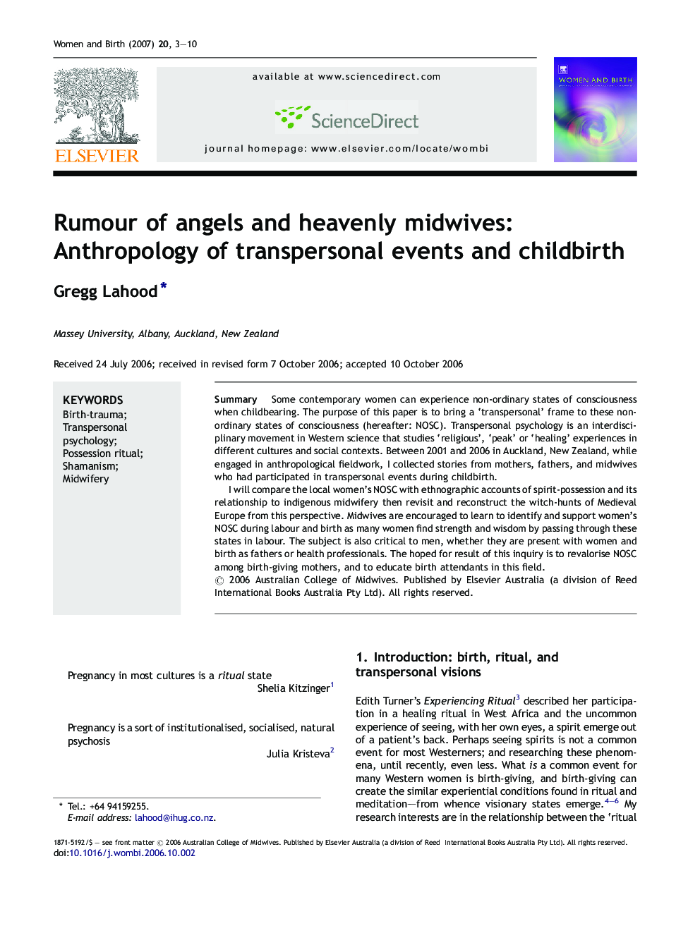 Rumour of angels and heavenly midwives: Anthropology of transpersonal events and childbirth