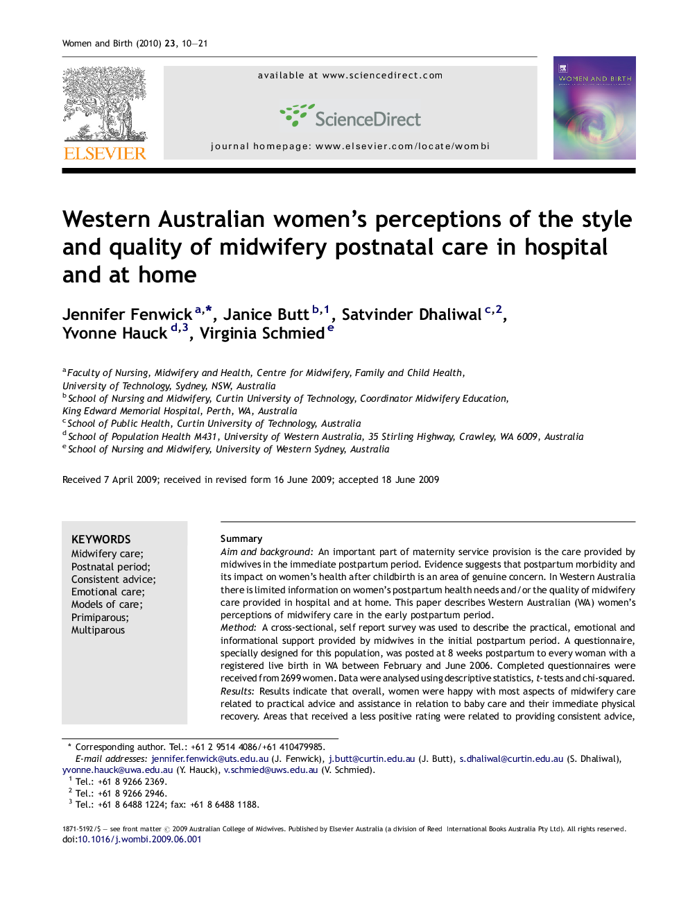 Western Australian women's perceptions of the style and quality of midwifery postnatal care in hospital and at home