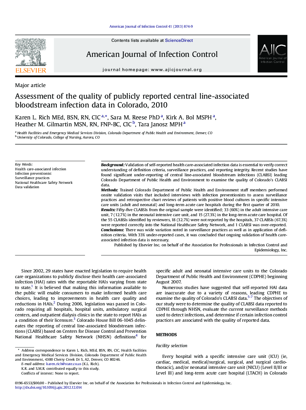 Assessment of the quality of publicly reported central line-associated bloodstream infection data in Colorado, 2010 