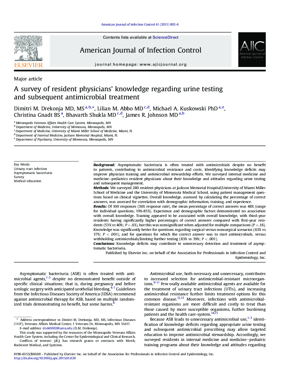 A survey of resident physicians' knowledge regarding urine testing and subsequent antimicrobial treatment 