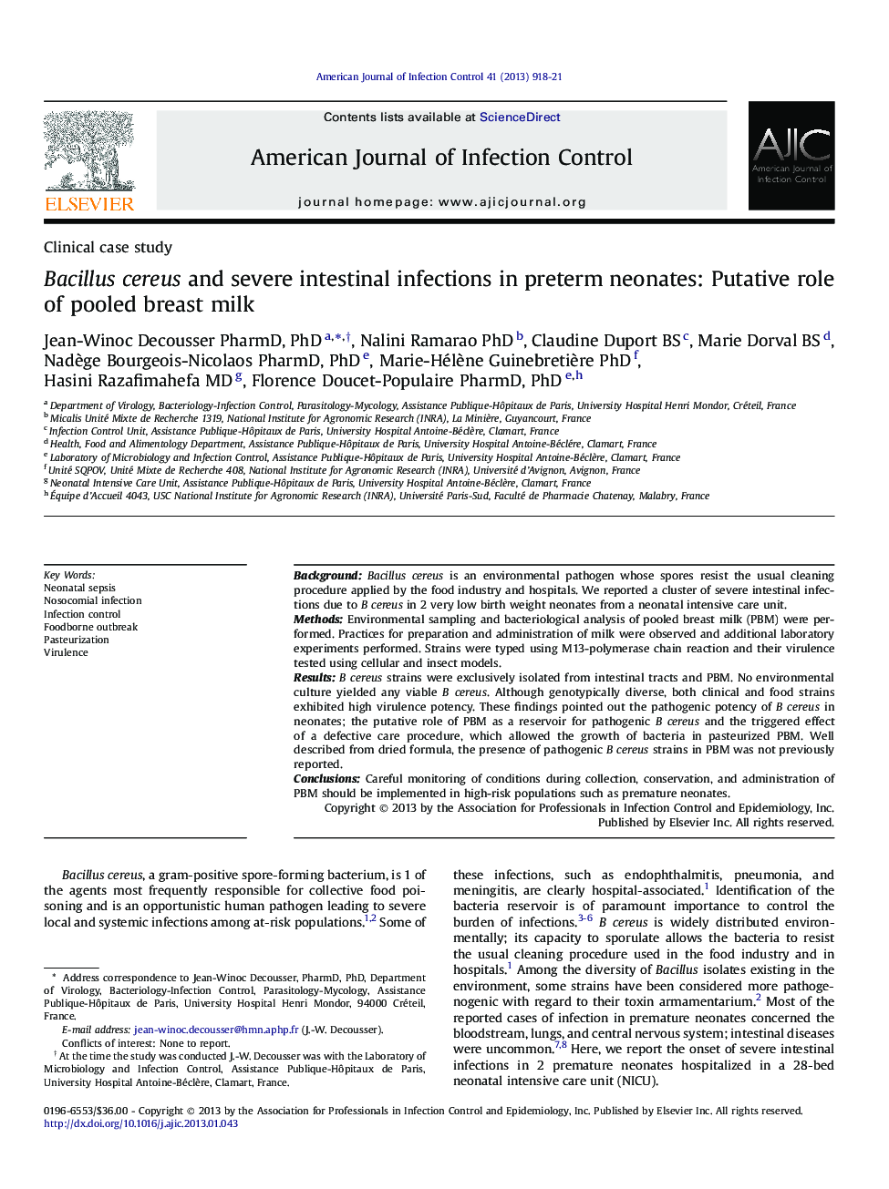 Bacillus cereus and severe intestinal infections in preterm neonates: Putative role of pooled breast milk 