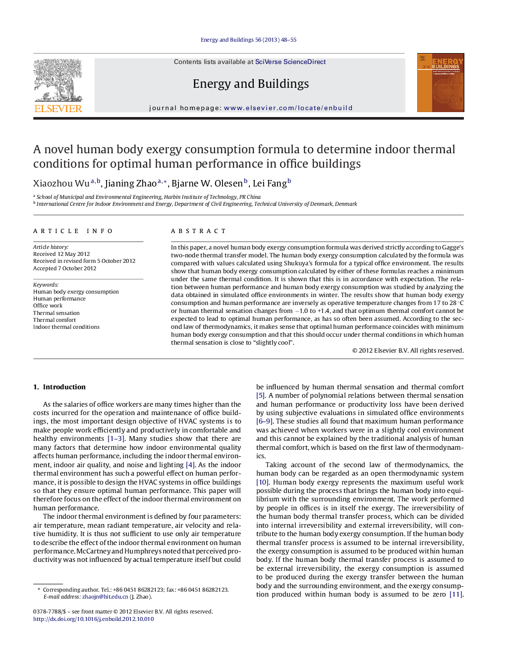 A novel human body exergy consumption formula to determine indoor thermal conditions for optimal human performance in office buildings