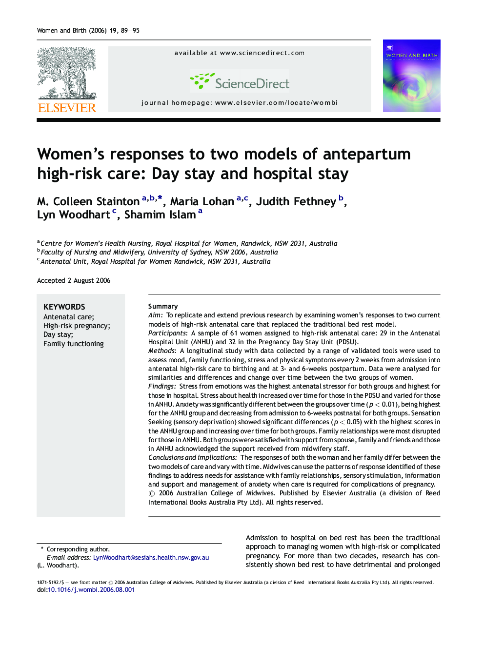 Women's responses to two models of antepartum high-risk care: Day stay and hospital stay