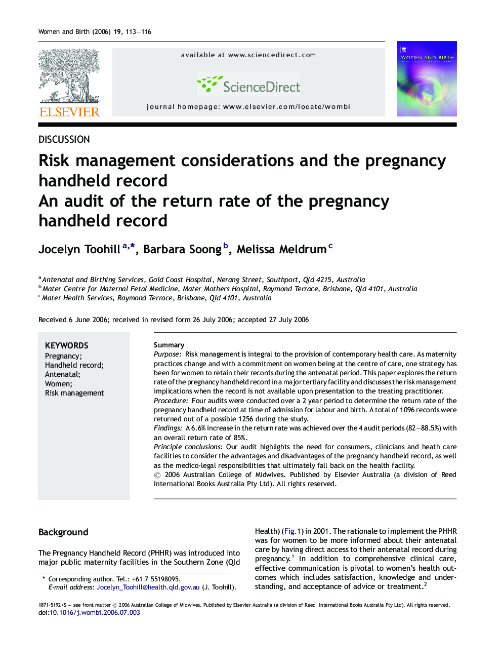 Risk management considerations and the pregnancy handheld record: An audit of the return rate of the pregnancy handheld record