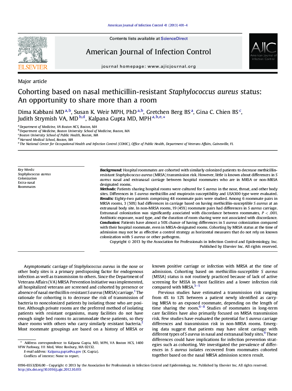 Cohorting based on nasal methicillin-resistant Staphylococcus aureus status: An opportunity to share more than a room 