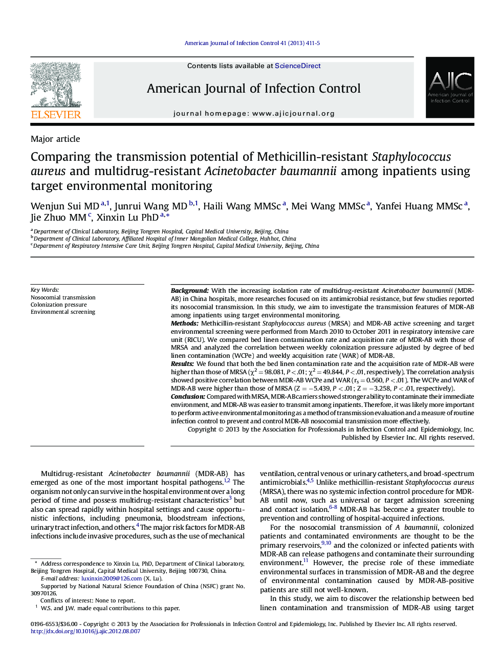 Comparing the transmission potential of Methicillin-resistant Staphylococcus aureus and multidrug-resistant Acinetobacter baumannii among inpatients using target environmental monitoring 