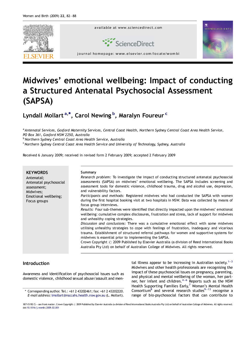 Midwives’ emotional wellbeing: Impact of conducting a Structured Antenatal Psychosocial Assessment (SAPSA)