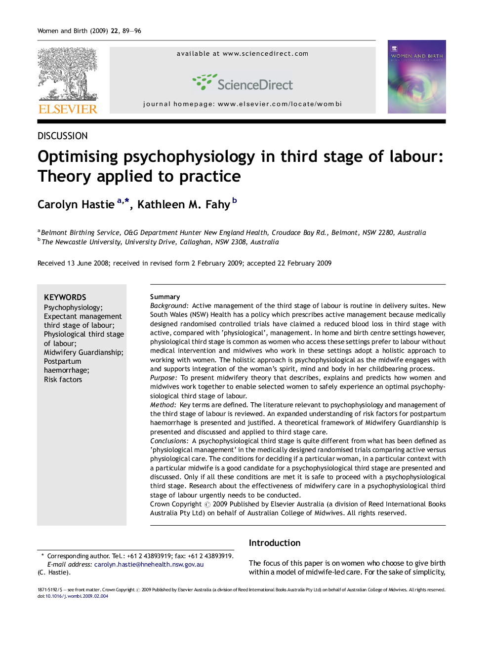 Optimising psychophysiology in third stage of labour: Theory applied to practice