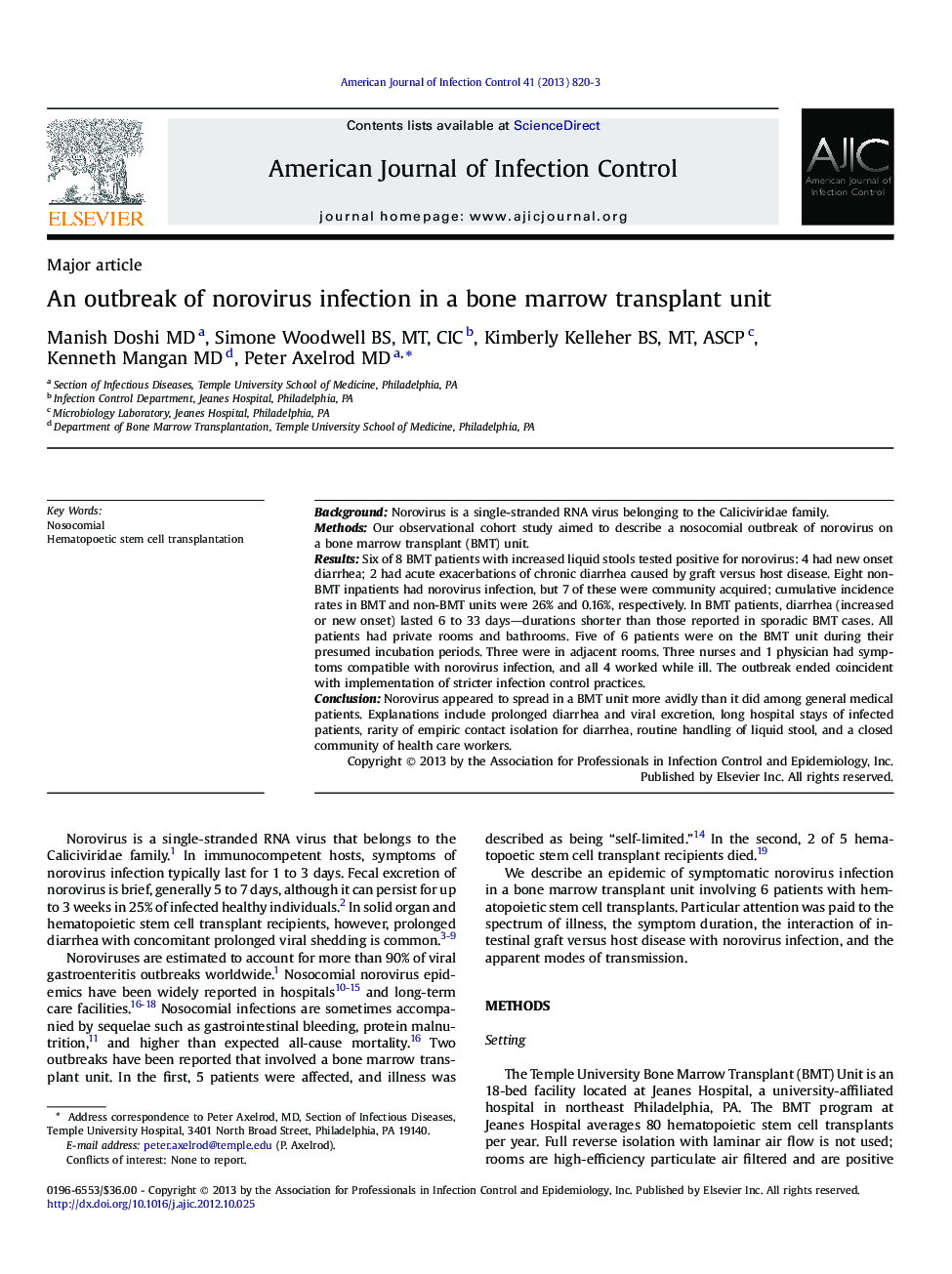 An outbreak of norovirus infection in a bone marrow transplant unit 