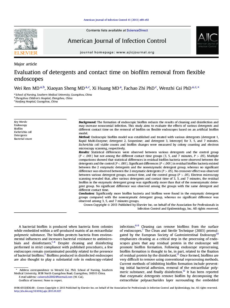 Evaluation of detergents and contact time on biofilm removal from flexible endoscopes 