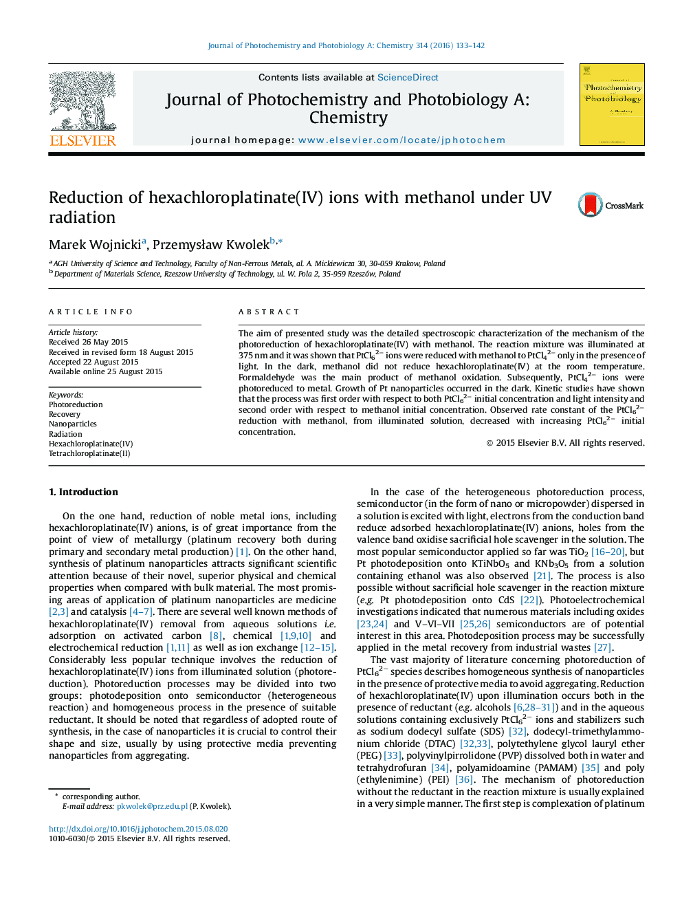 Reduction of hexachloroplatinate(IV) ions with methanol under UV radiation