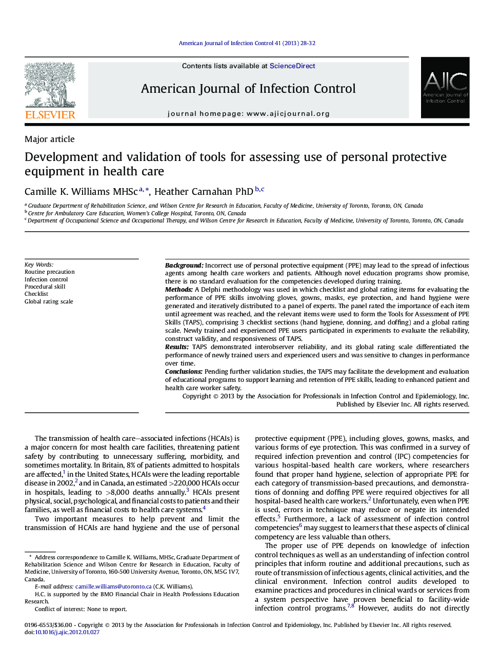 Development and validation of tools for assessing use of personal protective equipment in health care 