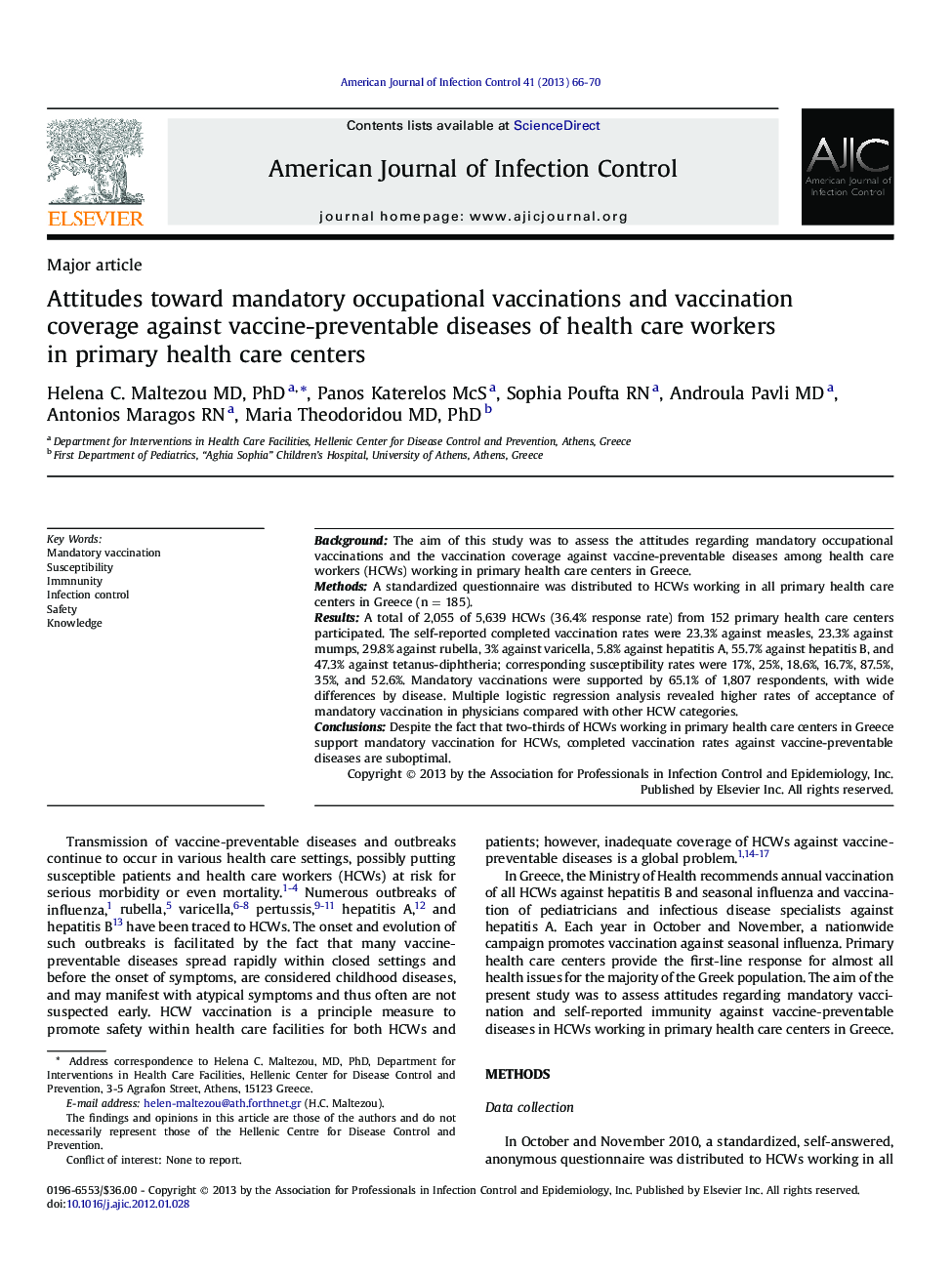 Attitudes toward mandatory occupational vaccinations and vaccination coverage against vaccine-preventable diseases of health care workers in primary health care centers 