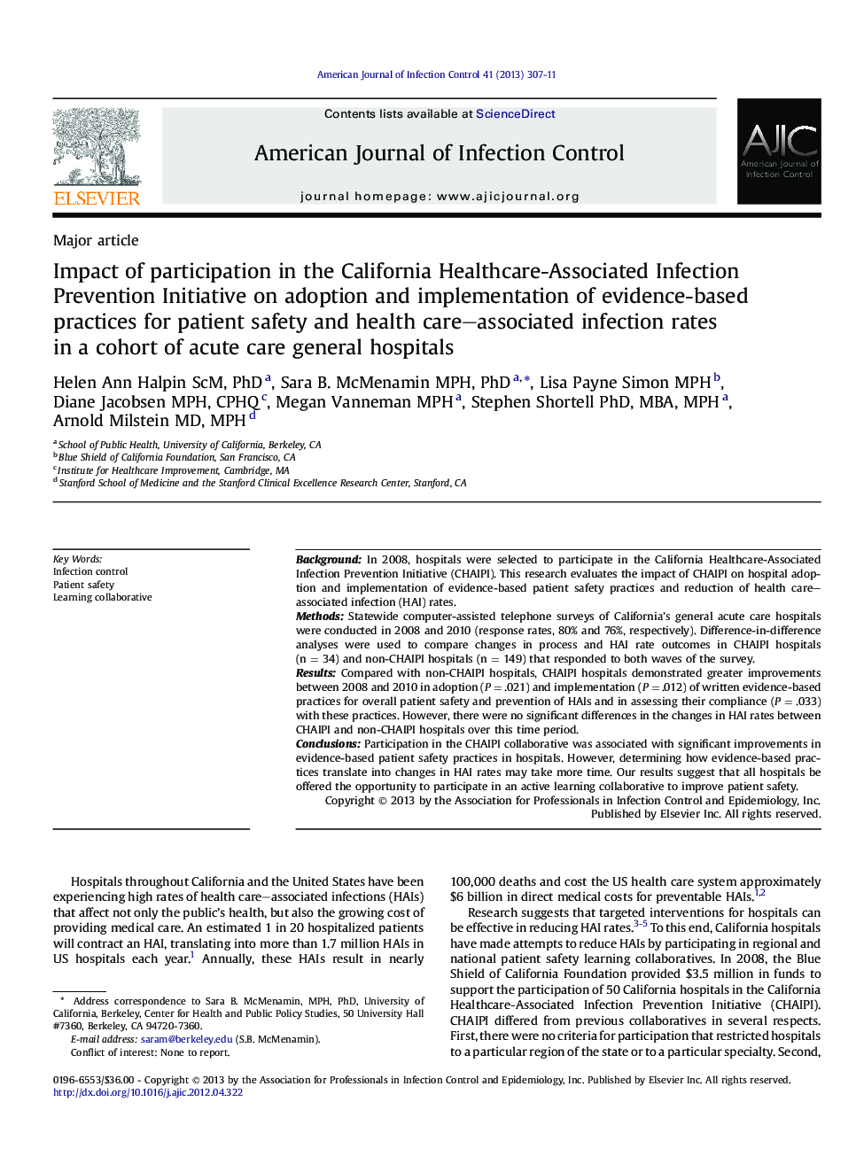Impact of participation in the California Healthcare-Associated Infection Prevention Initiative on adoption and implementation of evidence-based practices for patient safety and health care–associated infection rates in a cohort of acute care general hosp