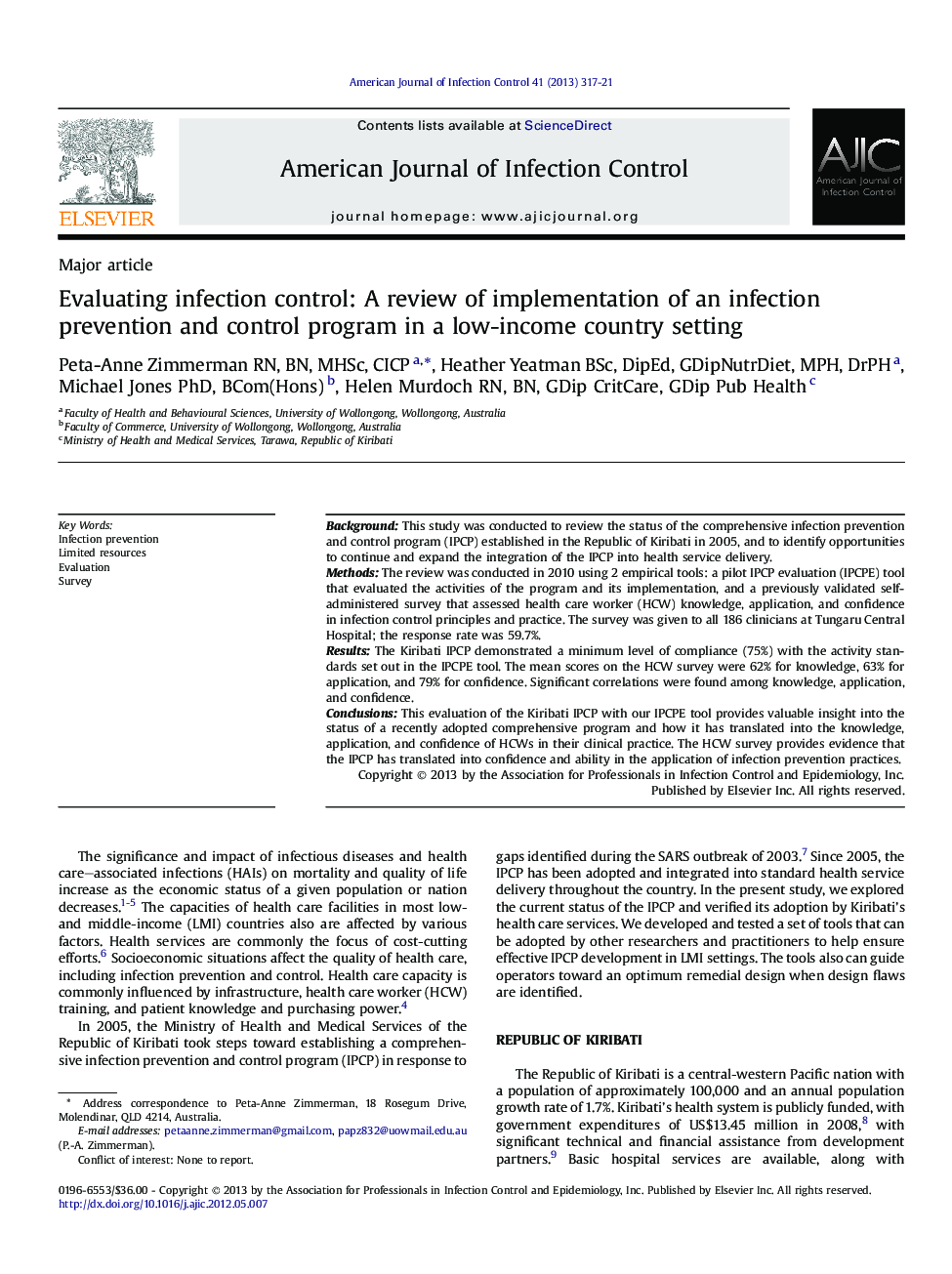 Evaluating infection control: A review of implementation of an infection prevention and control program in a low-income country setting 
