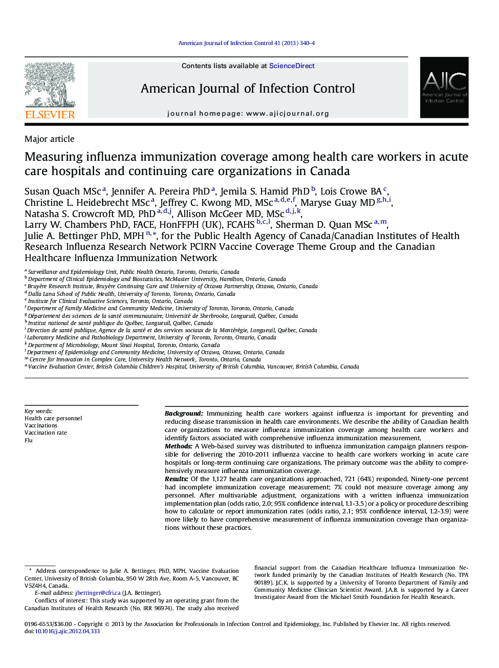 Measuring influenza immunization coverage among health care workers in acute care hospitals and continuing care organizations in Canada 