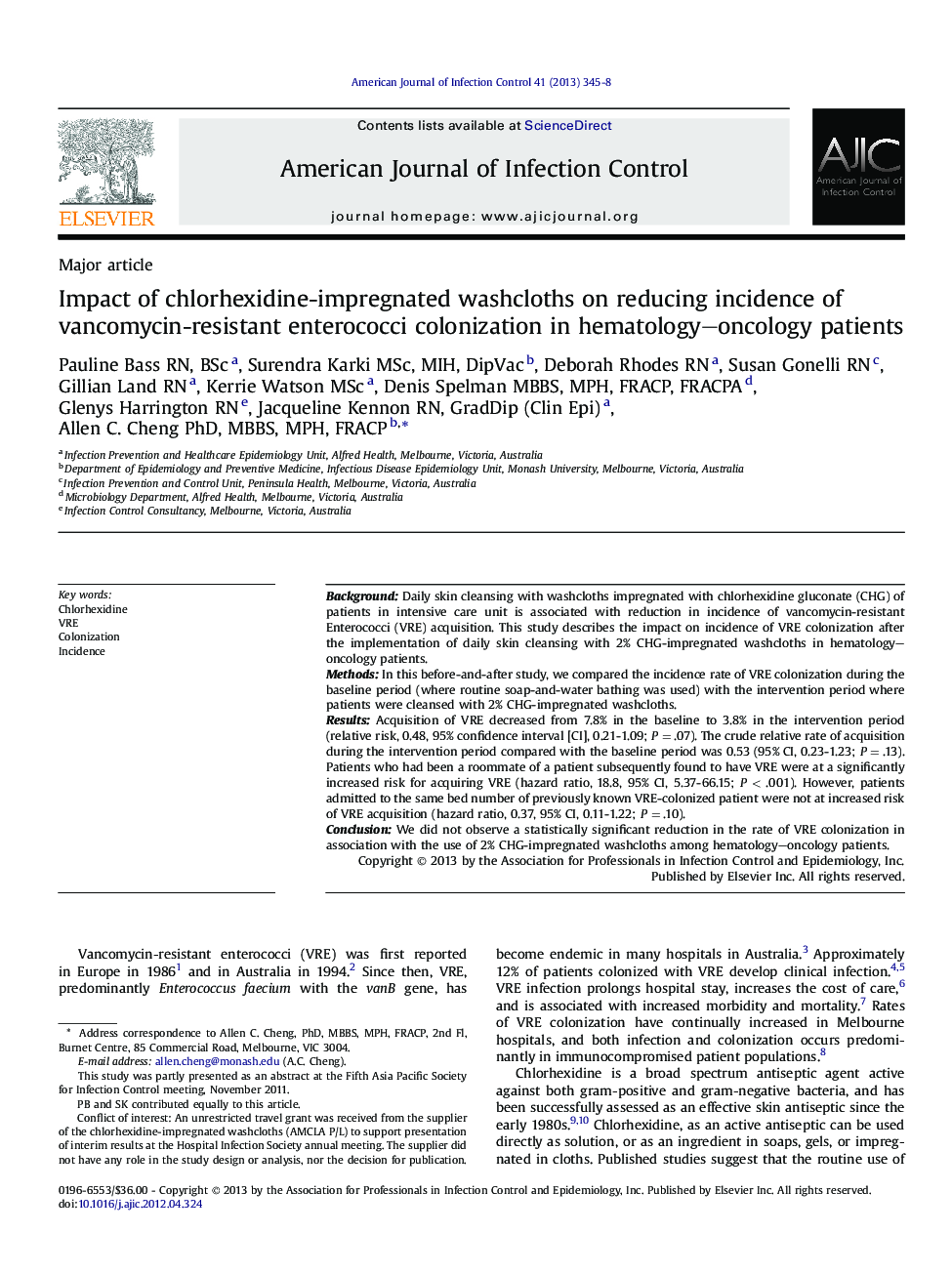 Impact of chlorhexidine-impregnated washcloths on reducing incidence of vancomycin-resistant enterococci colonization in hematology–oncology patients 