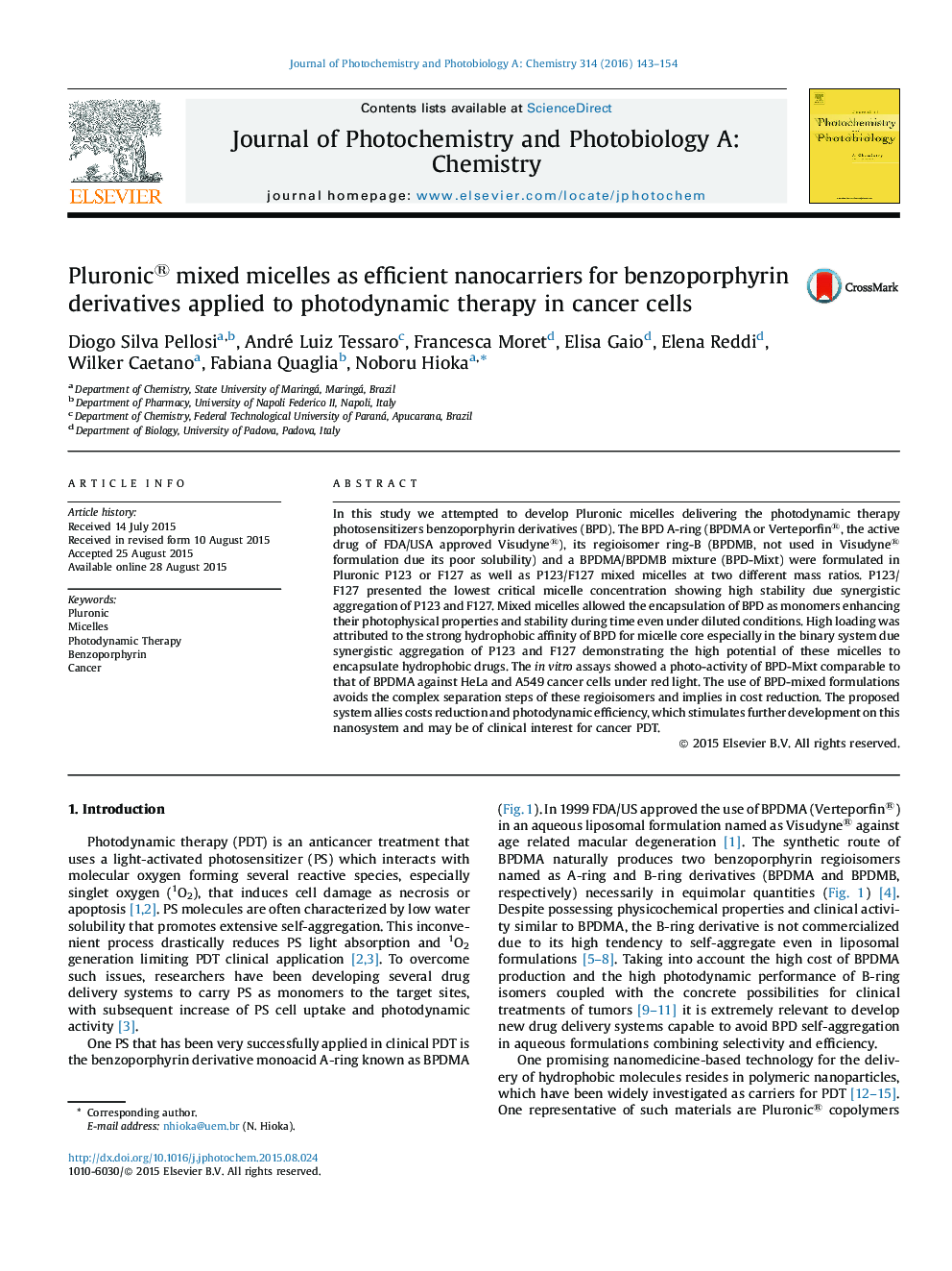 Pluronic® mixed micelles as efficient nanocarriers for benzoporphyrin derivatives applied to photodynamic therapy in cancer cells