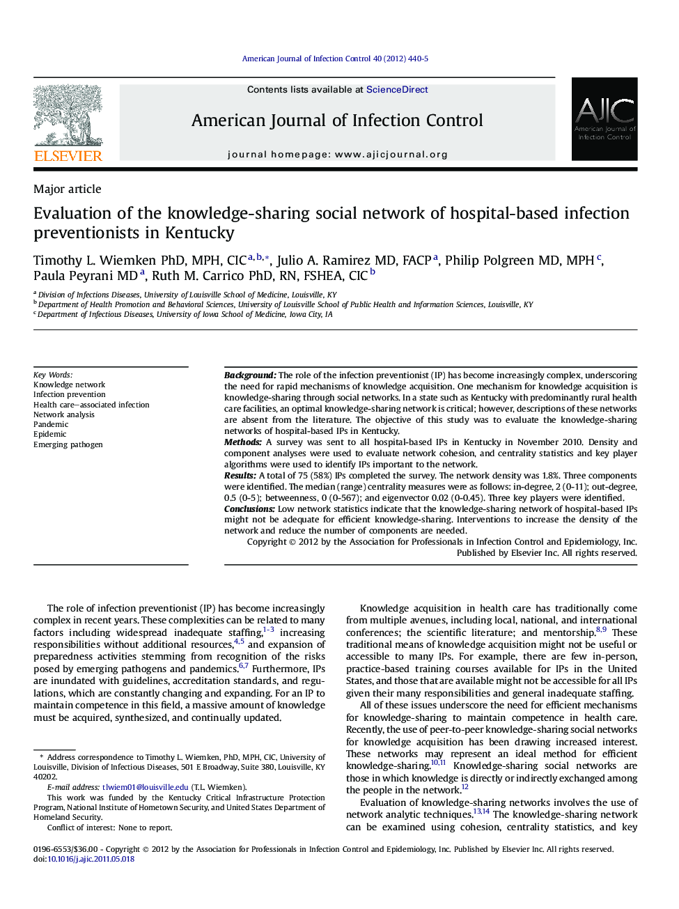 Evaluation of the knowledge-sharing social network of hospital-based infection preventionists in Kentucky 