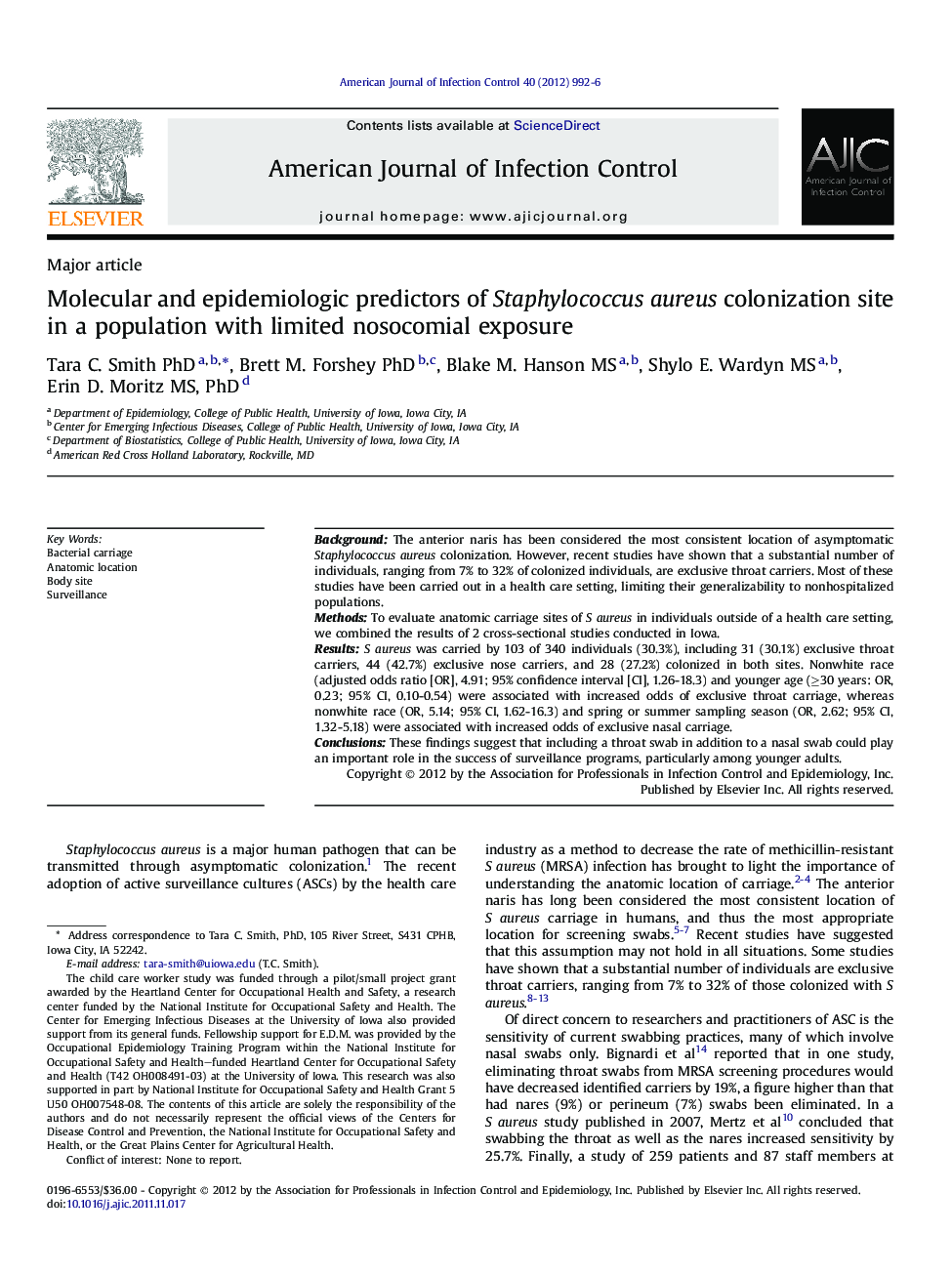 Molecular and epidemiologic predictors of Staphylococcus aureus colonization site in a population with limited nosocomial exposure 