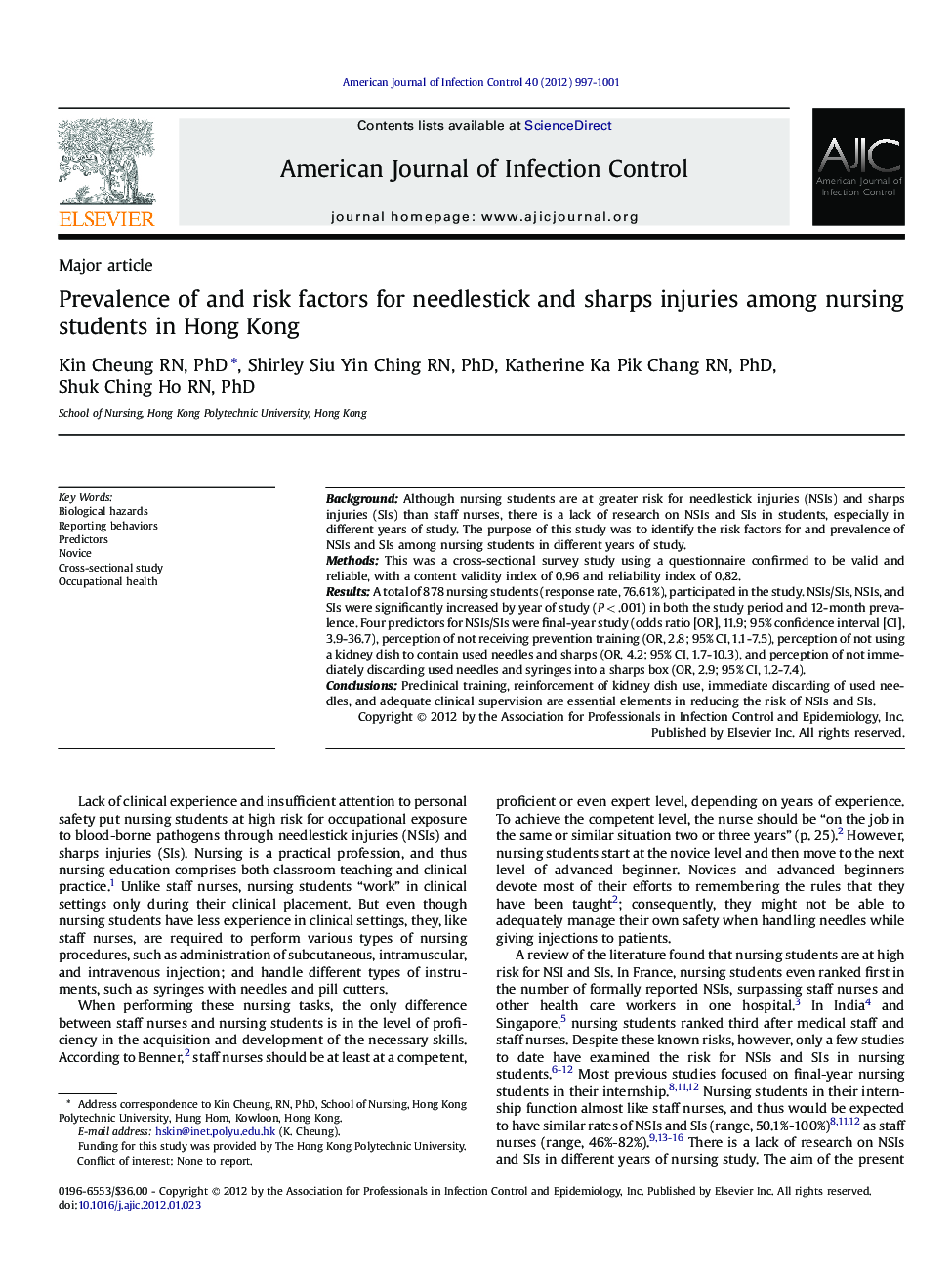 Prevalence of and risk factors for needlestick and sharps injuries among nursing students in Hong Kong 