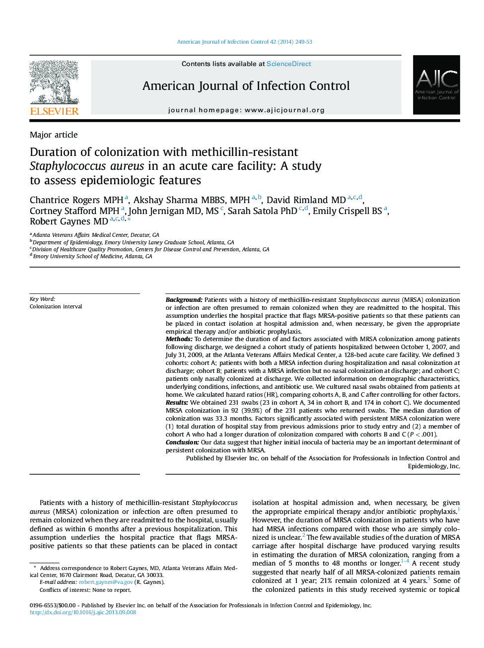 Duration of colonization with methicillin-resistant Staphylococcus aureus in an acute care facility: A study to assess epidemiologic features 