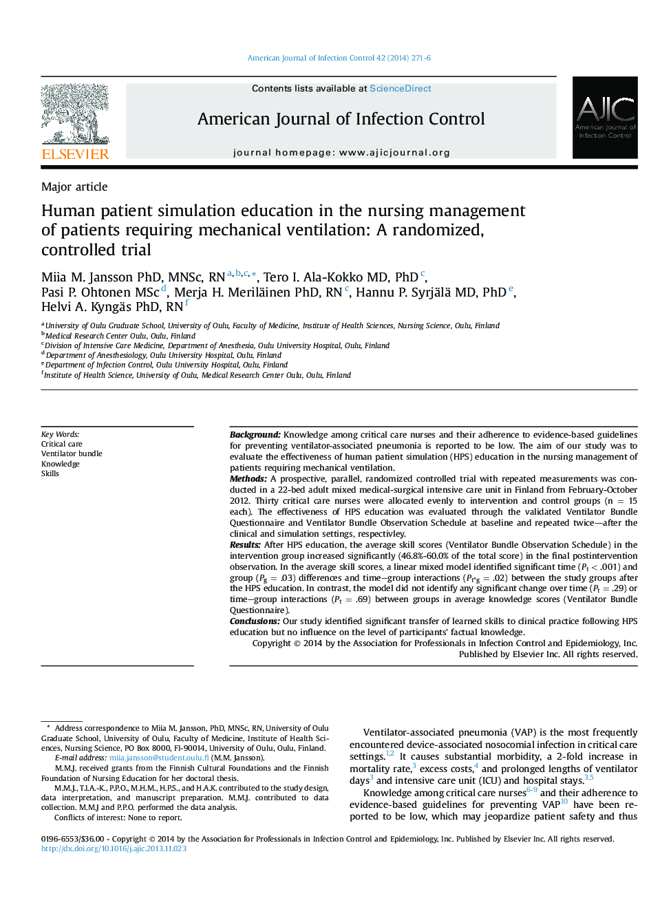 Human patient simulation education in the nursing management of patients requiring mechanical ventilation: A randomized, controlled trial 