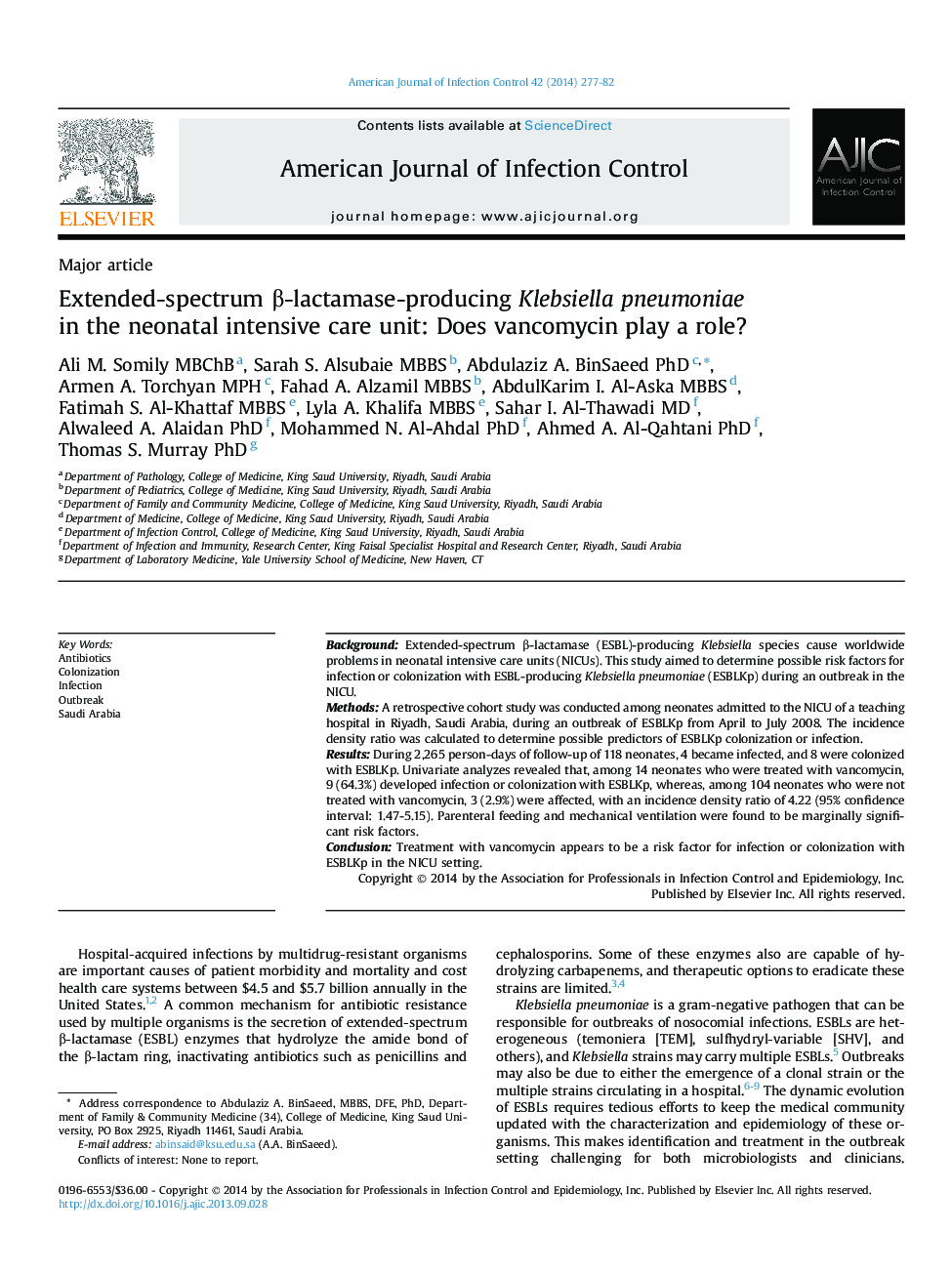 کلبسیلا پنومونیه تولیدکننده β-lactamase طیف گسترده در بخش مراقبت های ویژه نوزادان: آیا وانکومایسین نقش مهمی دارد؟