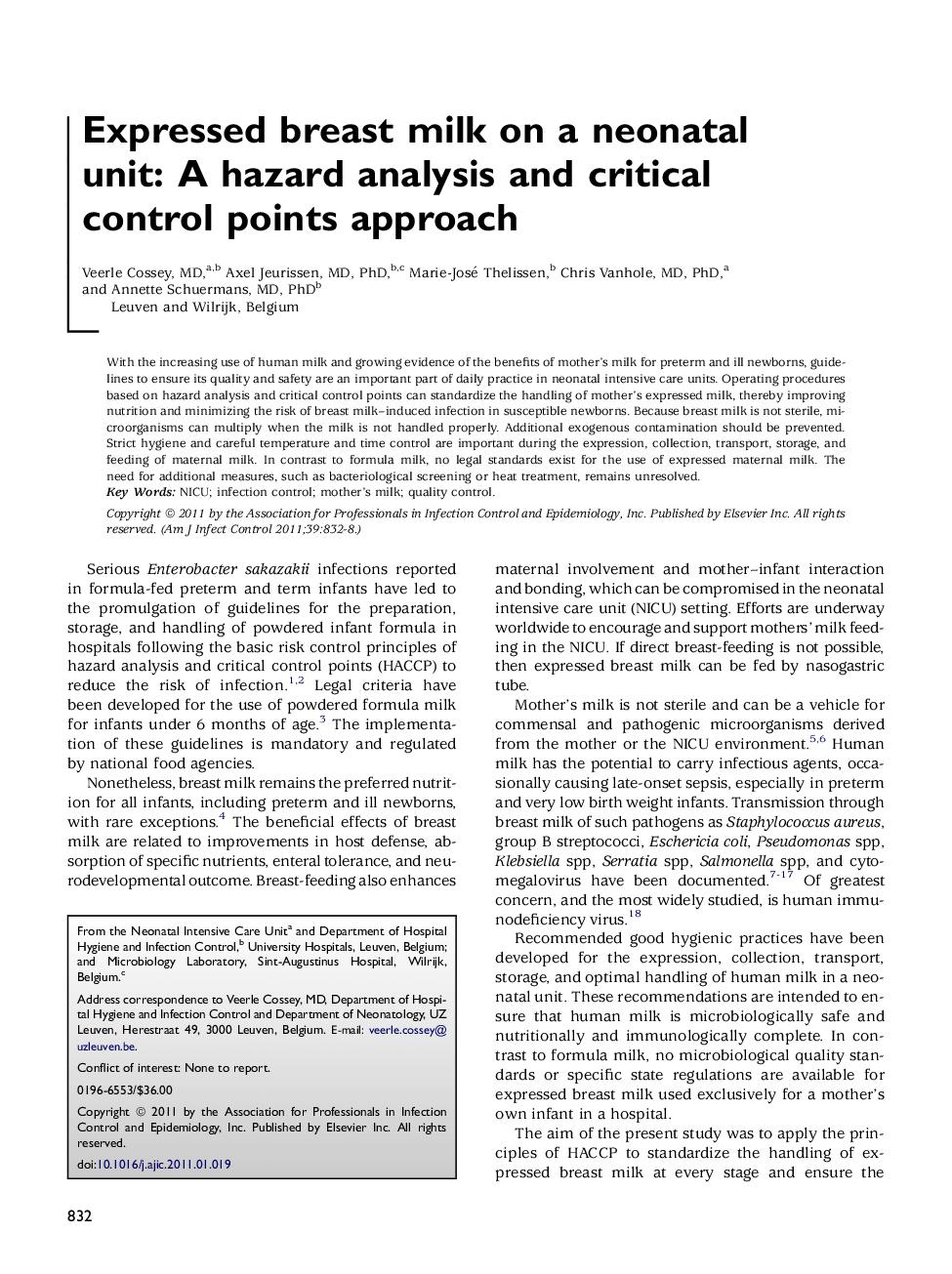 Expressed breast milk on a neonatal unit: A hazard analysis and critical control points approach 