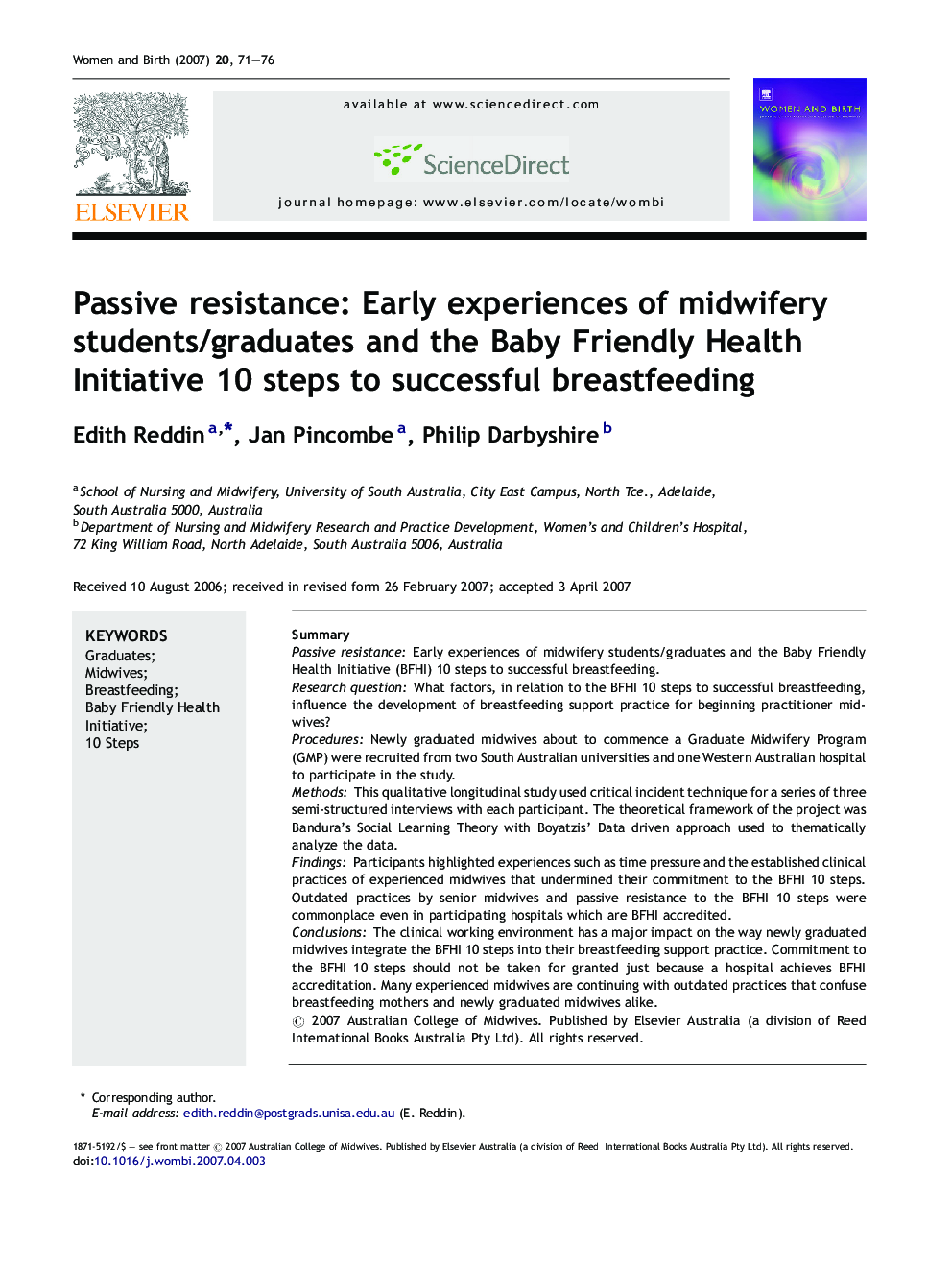 Passive resistance: Early experiences of midwifery students/graduates and the Baby Friendly Health Initiative 10 steps to successful breastfeeding