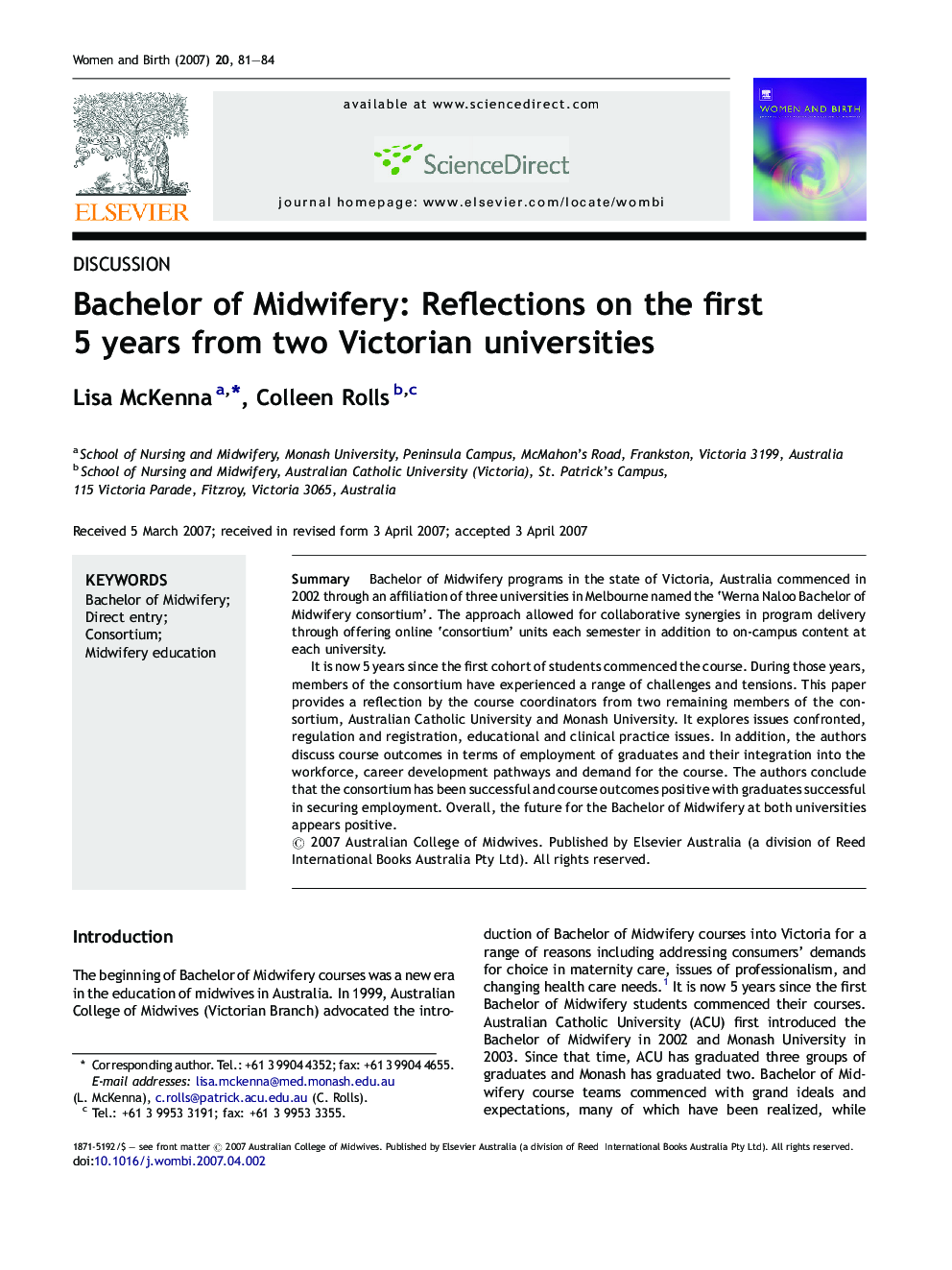 Bachelor of Midwifery: Reflections on the first 5 years from two Victorian universities