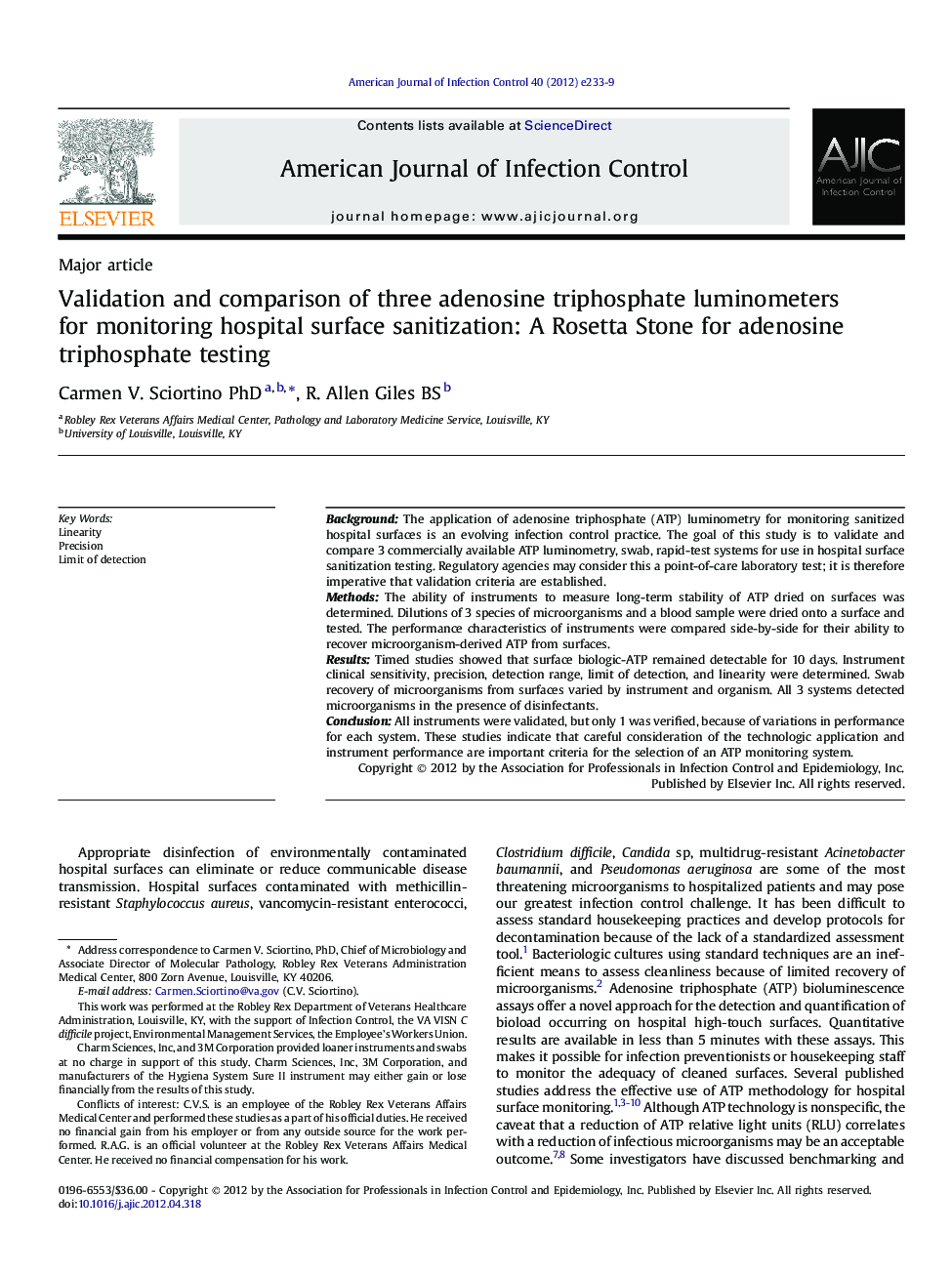 Validation and comparison of three adenosine triphosphate luminometers for monitoring hospital surface sanitization: A Rosetta Stone for adenosine triphosphate testing 