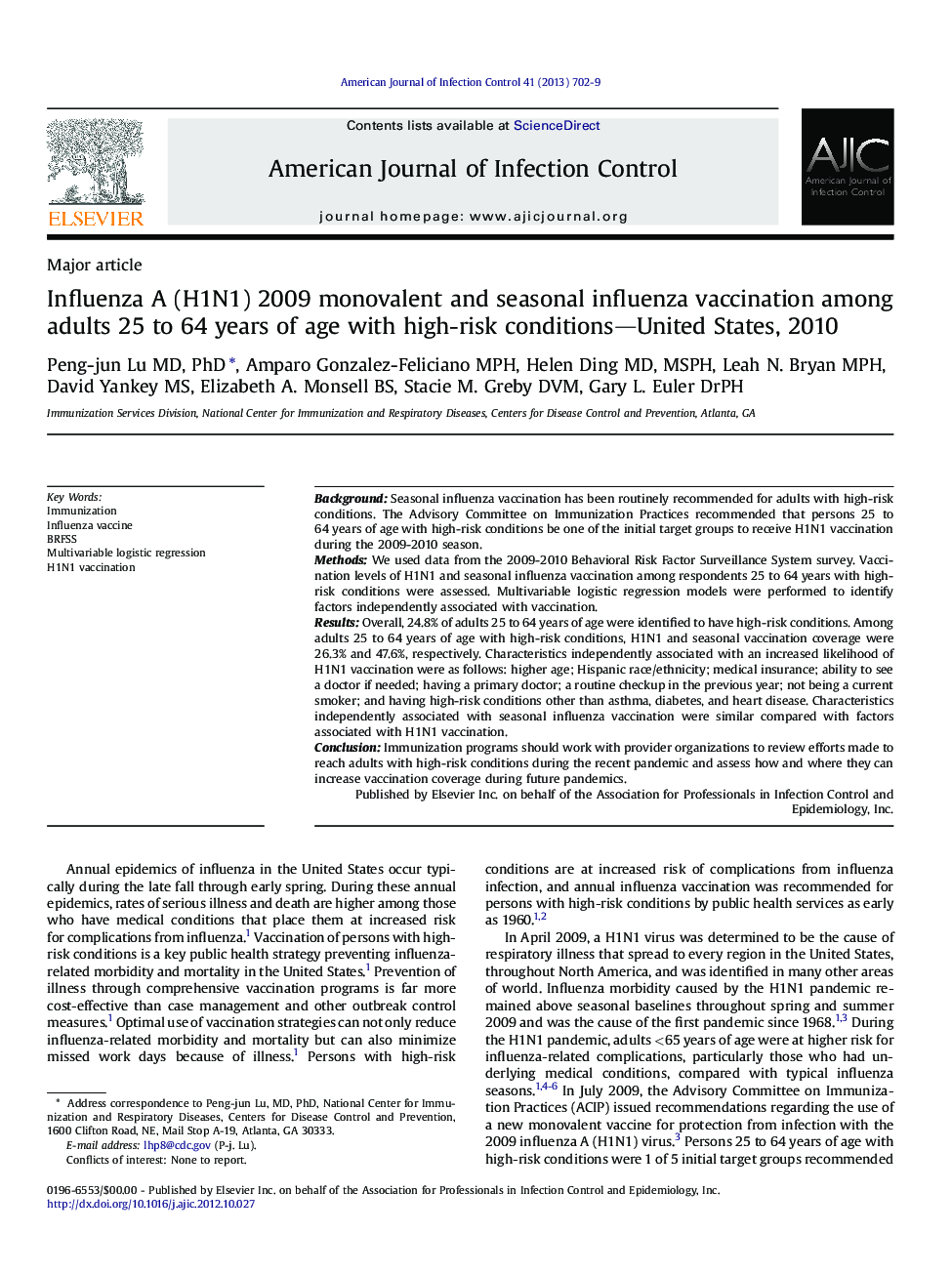 Influenza A (H1N1) 2009 monovalent and seasonal influenza vaccination among adults 25 to 64 years of age with high-risk conditions—United States, 2010 