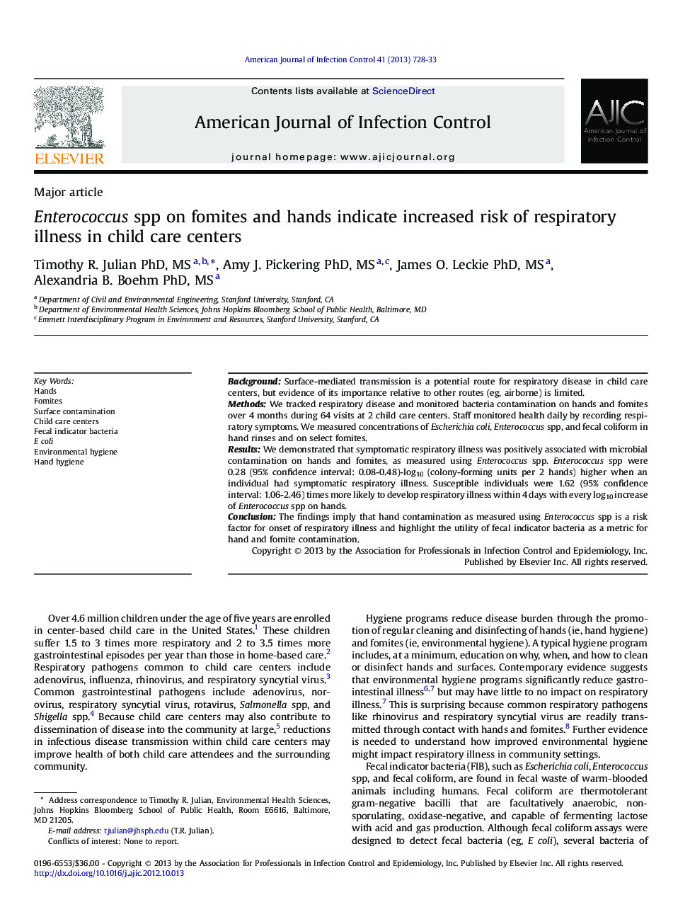 Enterococcus spp on fomites and hands indicate increased risk of respiratory illness in child care centers