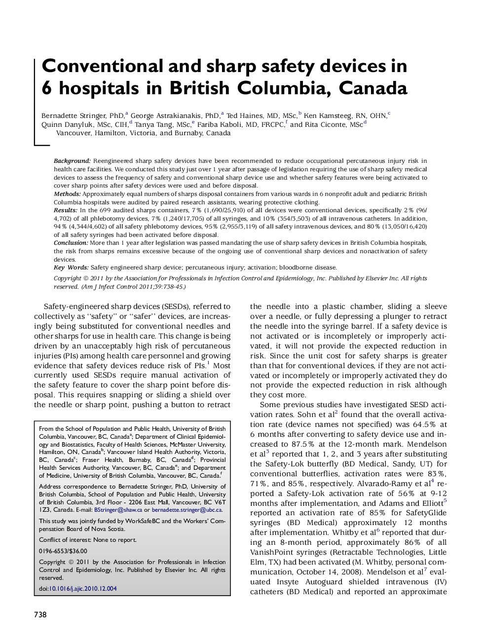 Conventional and sharp safety devices in 6 hospitals in British Columbia, Canada 