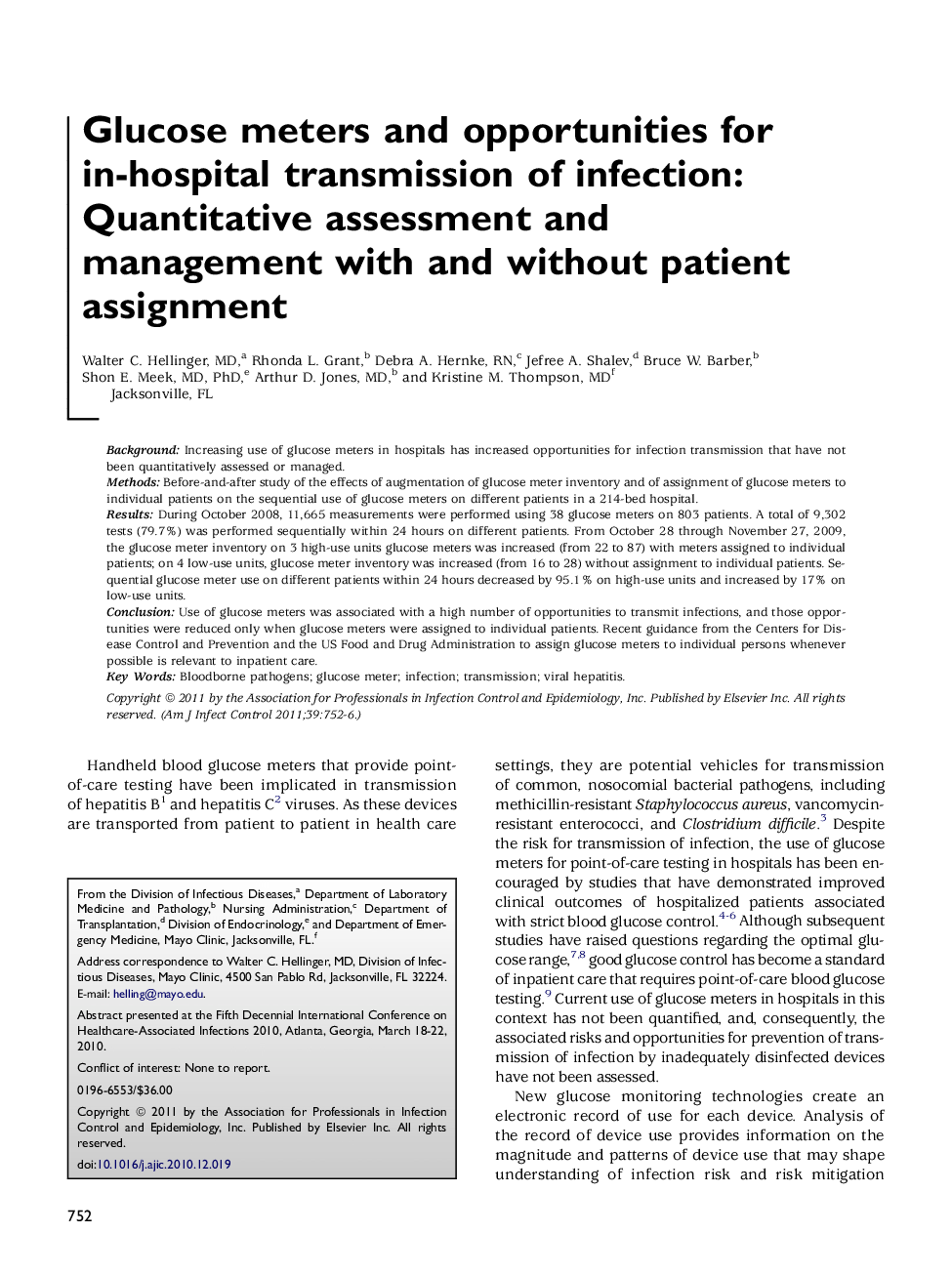 Glucose meters and opportunities for in-hospital transmission of infection: Quantitative assessment and management with and without patient assignment 