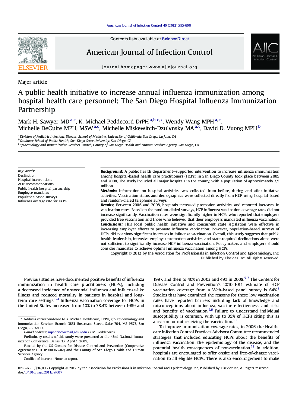 A public health initiative to increase annual influenza immunization among hospital health care personnel: The San Diego Hospital Influenza Immunization Partnership 