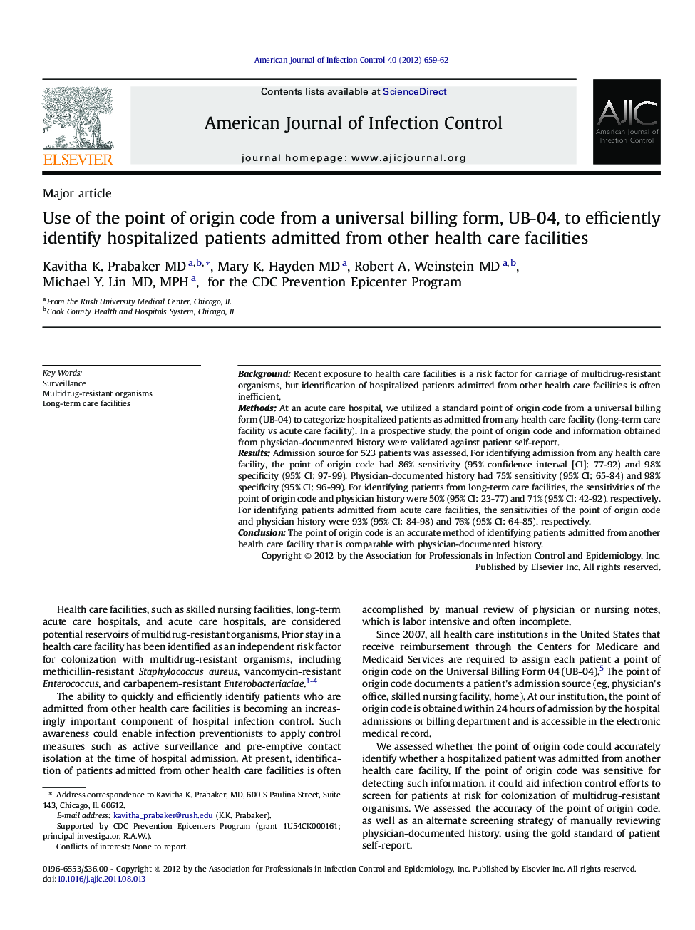 Use of the point of origin code from a universal billing form, UB-04, to efficiently identify hospitalized patients admitted from other health care facilities 