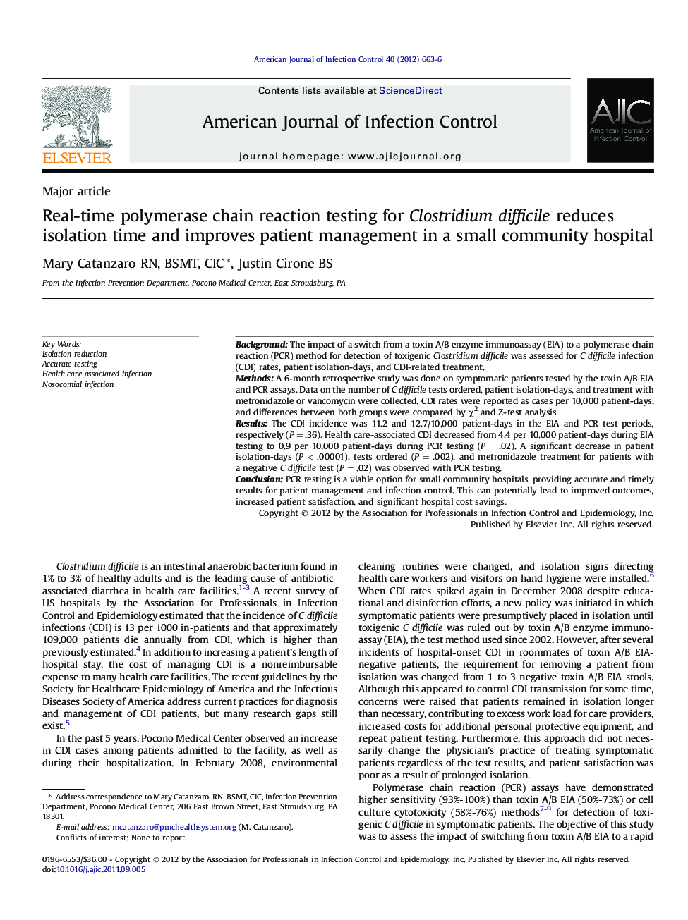 Real-time polymerase chain reaction testing for Clostridium difficile reduces isolation time and improves patient management in a small community hospital 