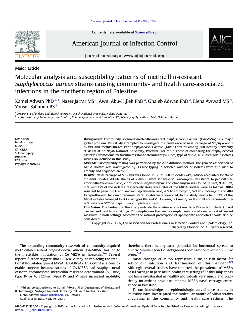 Molecular analysis and susceptibility patterns of methicillin-resistant Staphylococcus aureus strains causing community- and health care-associated infections in the northern region of Palestine