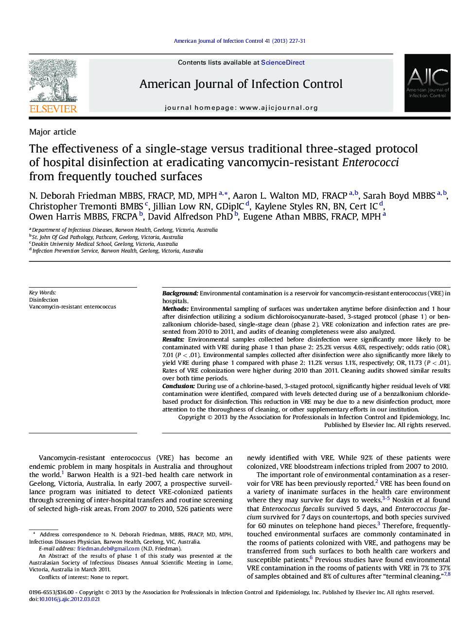 The effectiveness of a single-stage versus traditional three-staged protocol of hospital disinfection at eradicating vancomycin-resistant Enterococci from frequently touched surfaces 