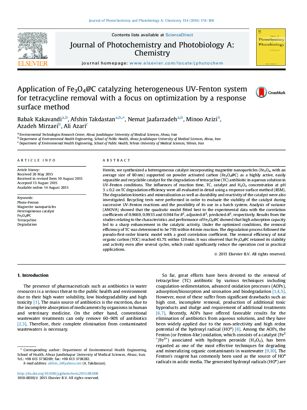 Application of Fe3O4@C catalyzing heterogeneous UV-Fenton system for tetracycline removal with a focus on optimization by a response surface method