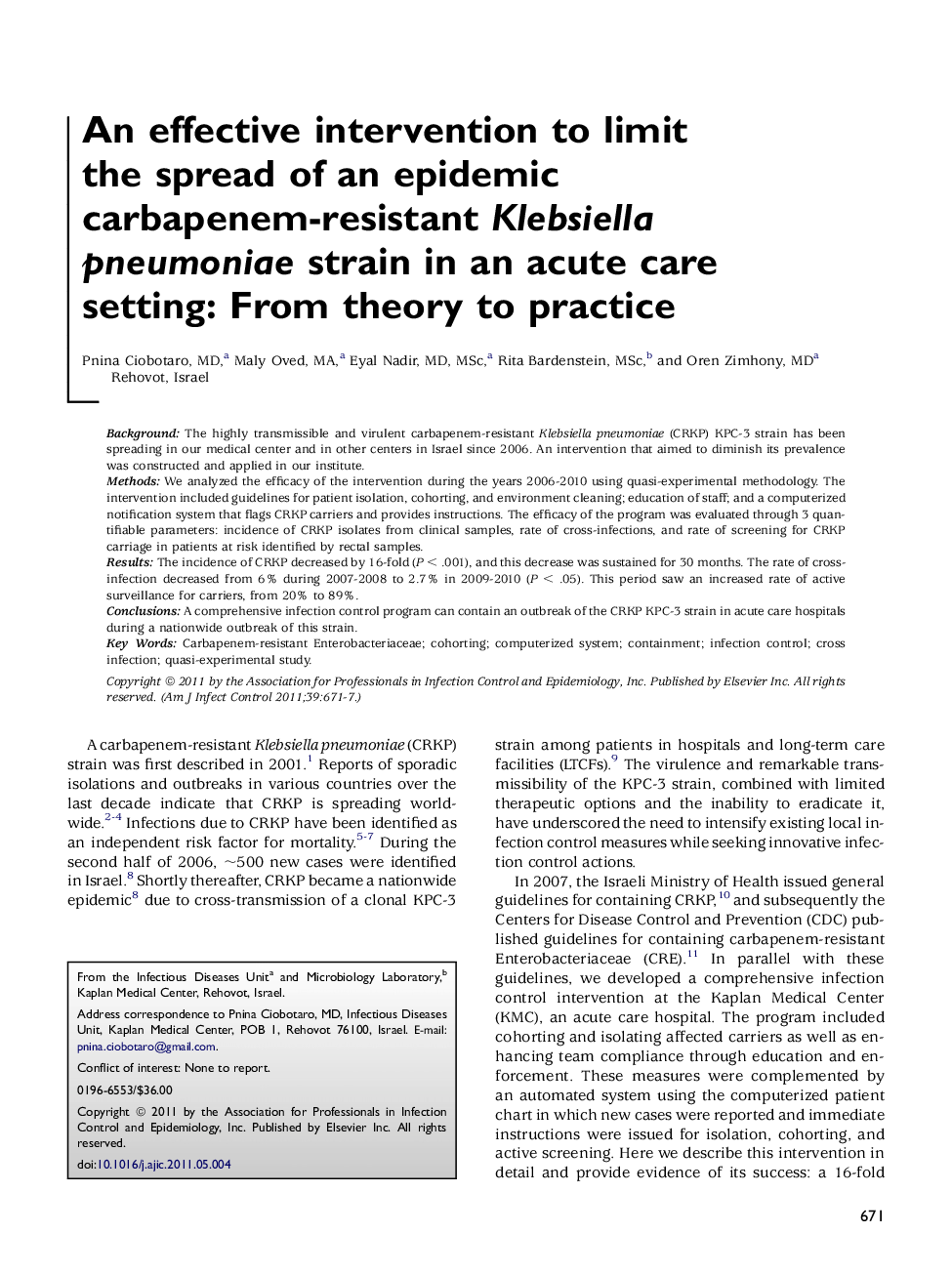 An effective intervention to limit the spread of an epidemic carbapenem-resistant Klebsiella pneumoniae strain in an acute care setting: From theory to practice 