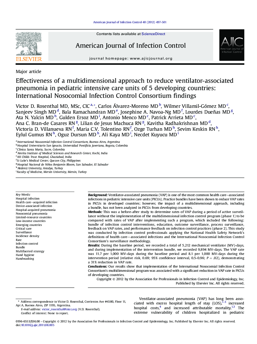 Effectiveness of a multidimensional approach to reduce ventilator-associated pneumonia in pediatric intensive care units of 5 developing countries: International Nosocomial Infection Control Consortium findings 