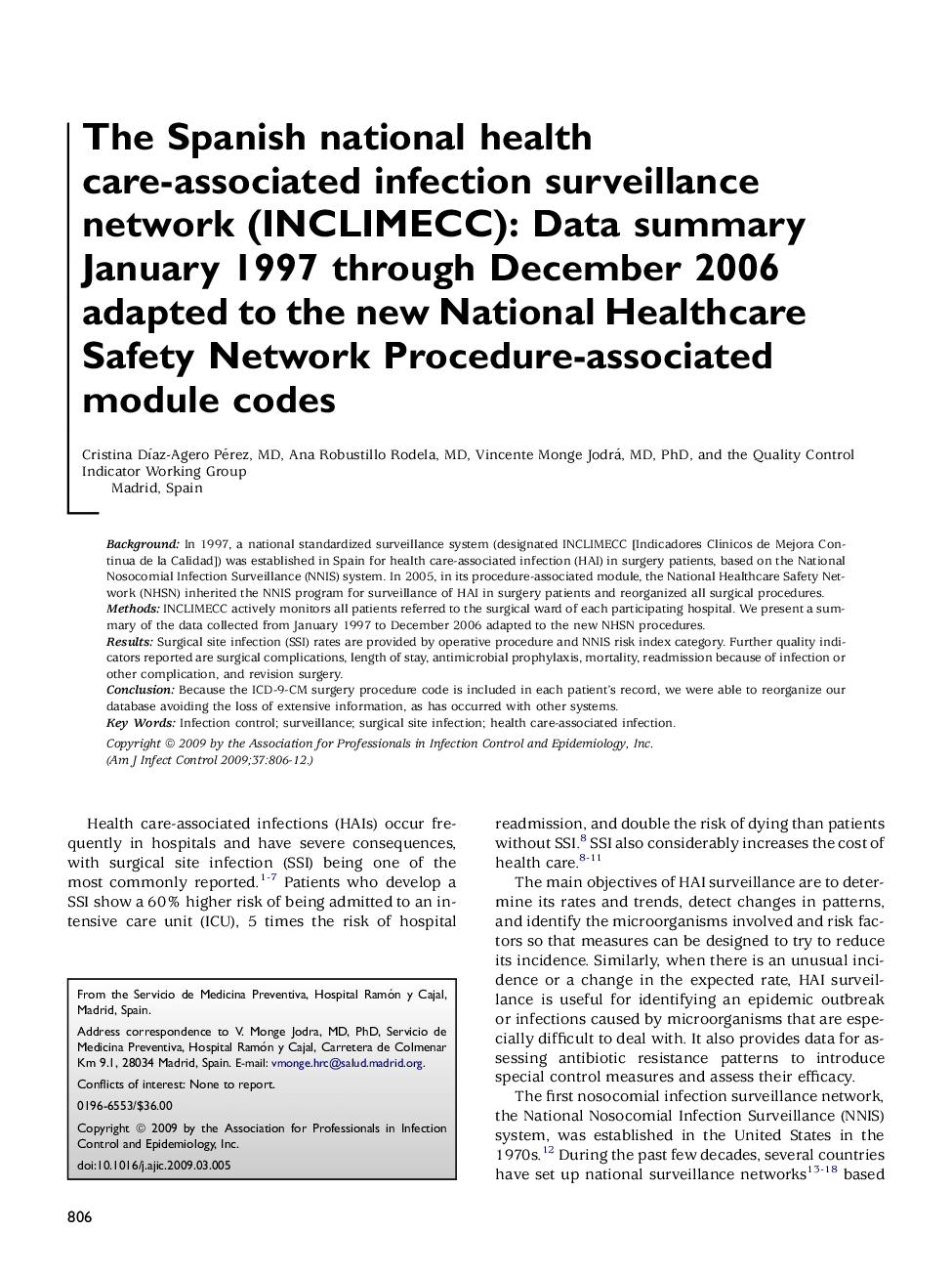 The Spanish national health care-associated infection surveillance network (INCLIMECC): Data summary January 1997 through December 2006 adapted to the new National Healthcare Safety Network Procedure-associated module codes 