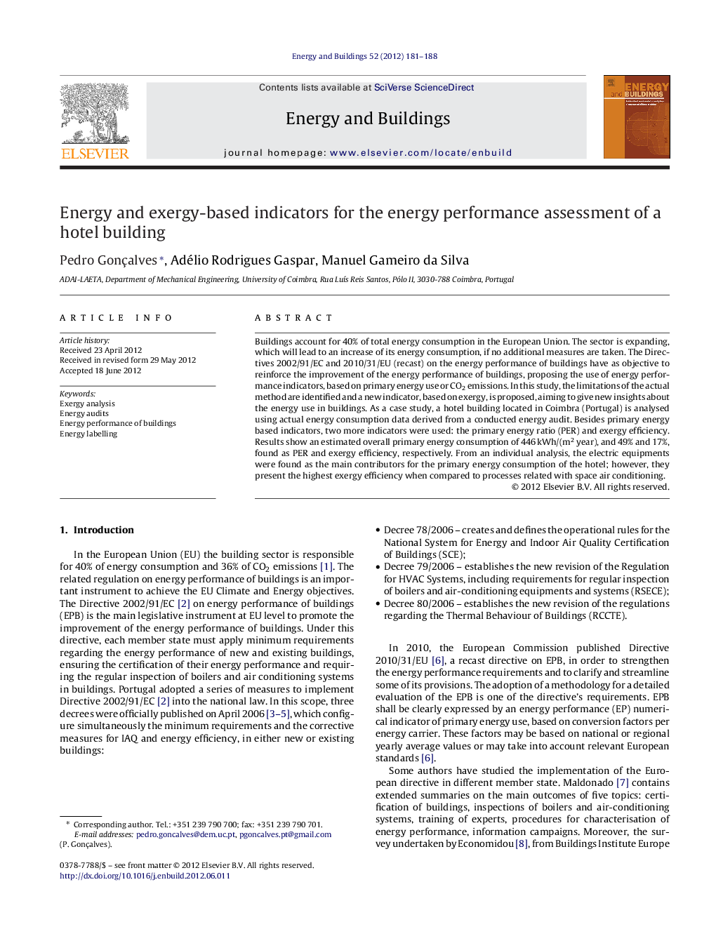 Energy and exergy-based indicators for the energy performance assessment of a hotel building